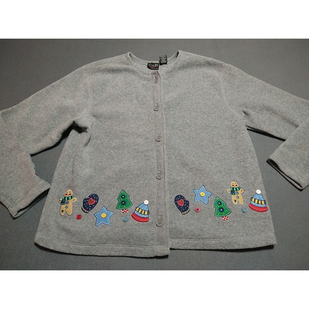 C&B Fleece Jacket Ladies M Gray Applique Fun Outdoor Holiday Long Sleeve